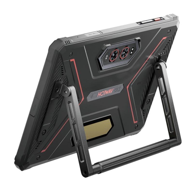 Hotwav R9 Ultra 11 pulgadas rojo rugerizado con soporte trasero robusto, marcos reforzados, detalles en rojo y módulo de cámaras triple con tornillería